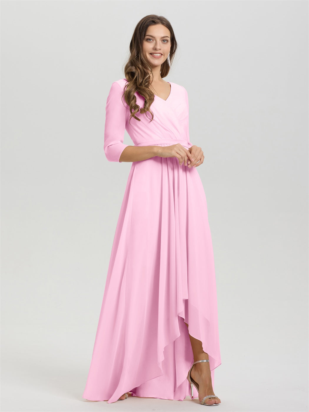 Fließende 3/4 Ärmel V-Ausschnitt Asymmetrisch Hoch Niedrig Chiffon Brautjungfernkleid