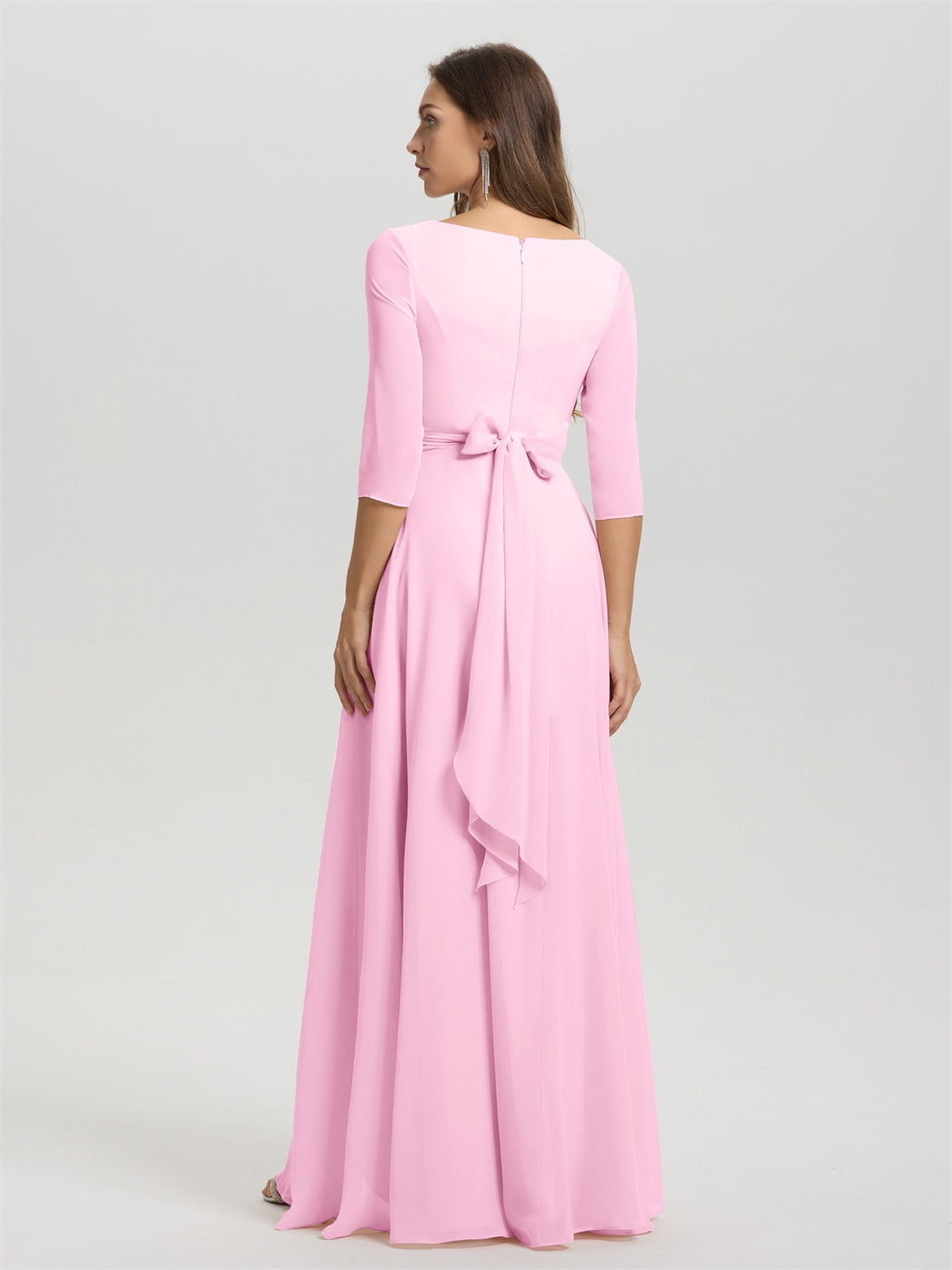 Fließende 3/4 Ärmel V-Ausschnitt Asymmetrisch Hoch Niedrig Chiffon Brautjungfernkleid