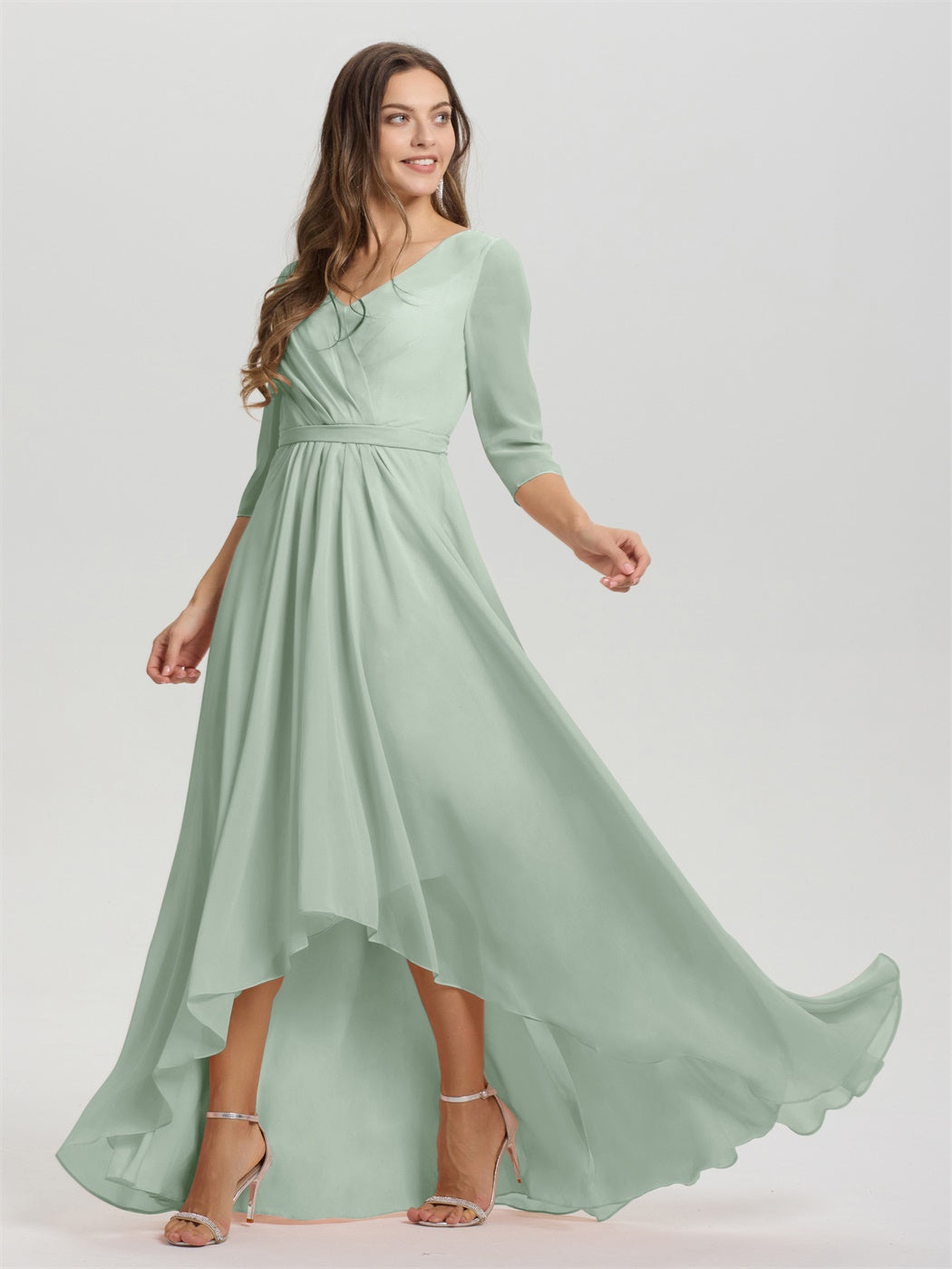 Fließende 3/4 Ärmel V-Ausschnitt Asymmetrisch Hoch Niedrig Chiffon Brautjungfernkleid