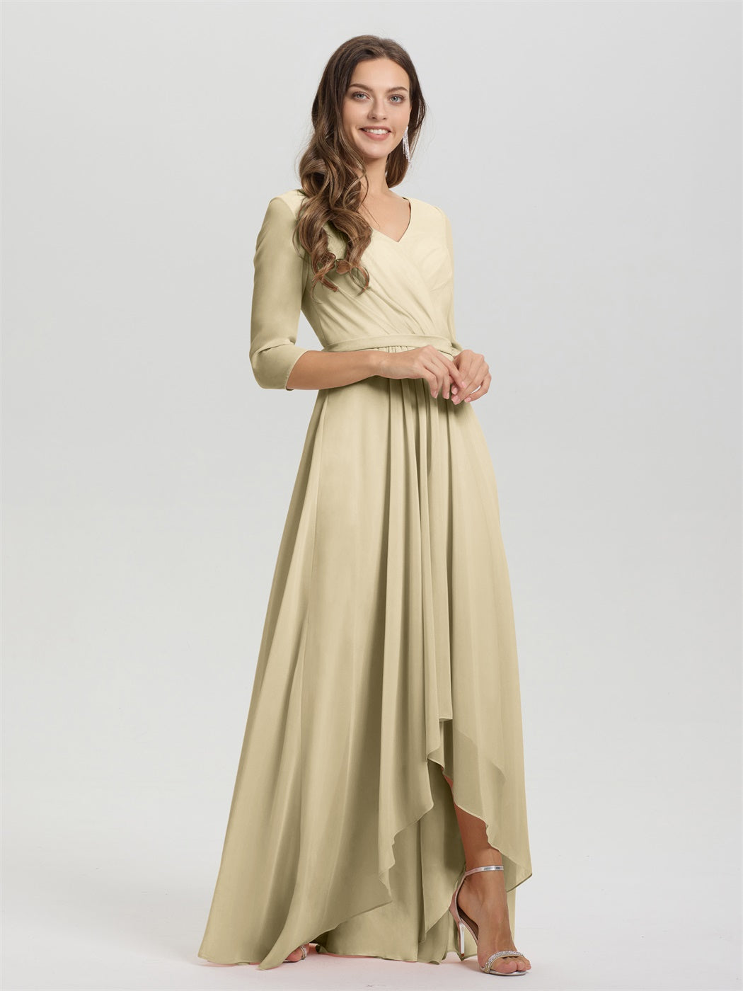 Fließende 3/4 Ärmel V-Ausschnitt Asymmetrisch Hoch Niedrig Chiffon Brautjungfernkleid