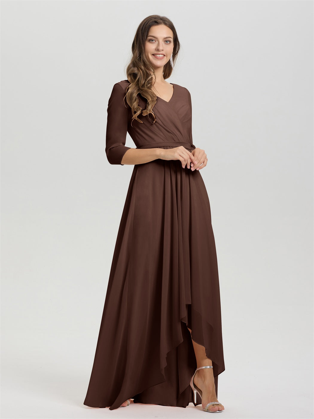 Fließende 3/4 Ärmel V-Ausschnitt Asymmetrisch Hoch Niedrig Chiffon Brautjungfernkleid