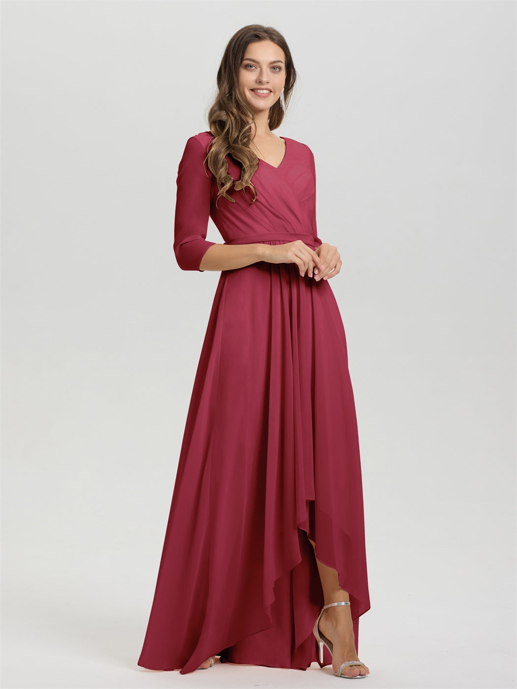 Fließende 3/4 Ärmel V-Ausschnitt Asymmetrisch Hoch Niedrig Chiffon Brautjungfernkleid