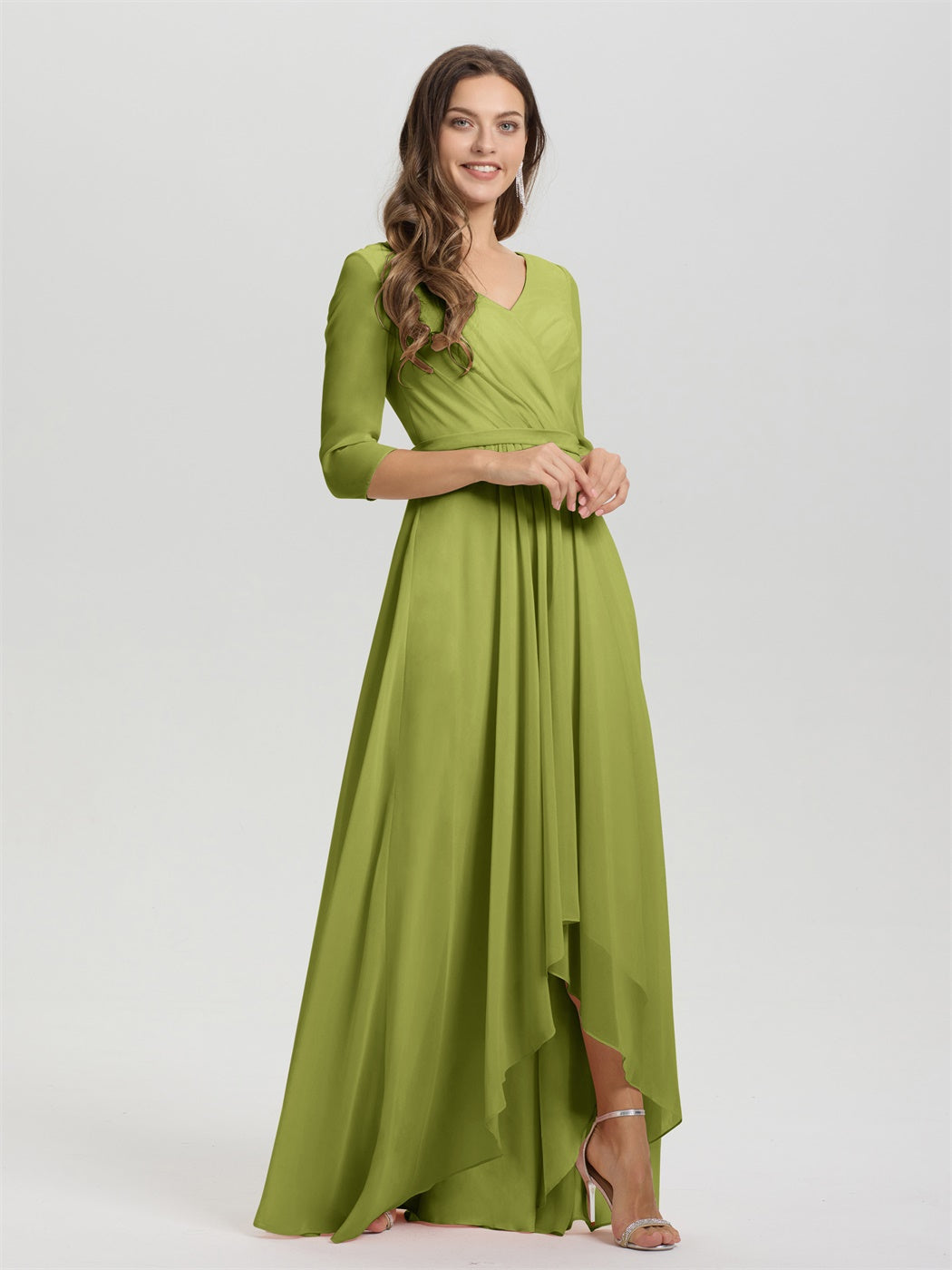 Fließende 3/4 Ärmel V-Ausschnitt Asymmetrisch Hoch Niedrig Chiffon Brautjungfernkleid