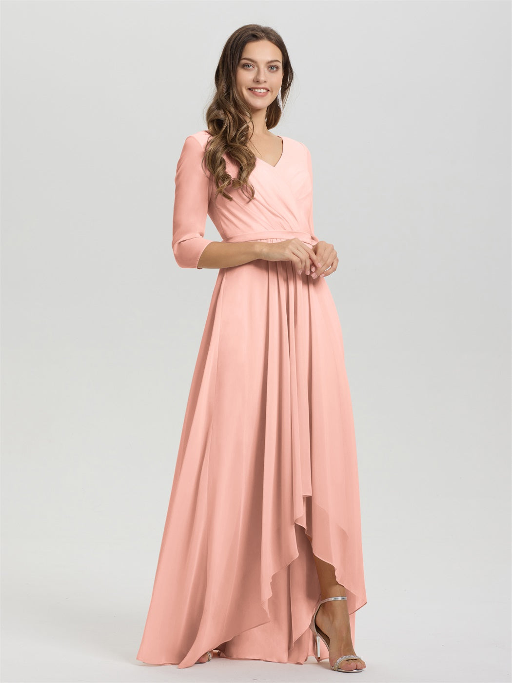 Fließende 3/4 Ärmel V-Ausschnitt Asymmetrisch Hoch Niedrig Chiffon Brautjungfernkleid