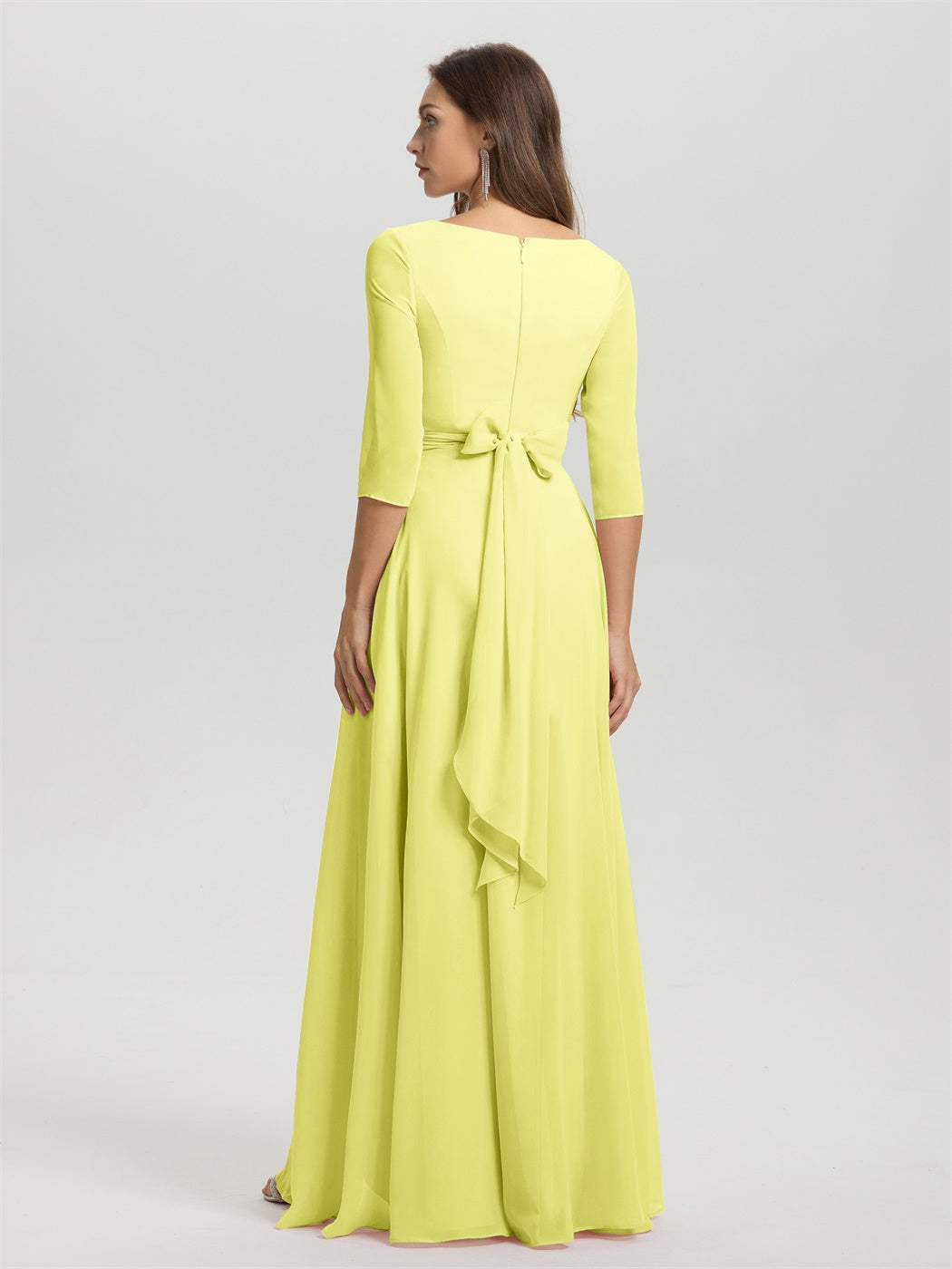 Fließende 3/4 Ärmel V-Ausschnitt Asymmetrisch Hoch Niedrig Chiffon Brautjungfernkleid