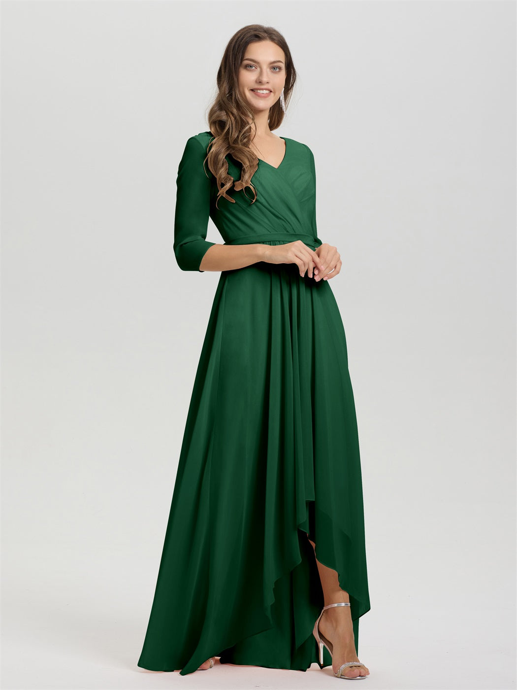Fließende 3/4 Ärmel V-Ausschnitt Asymmetrisch Hoch Niedrig Chiffon Brautjungfernkleid