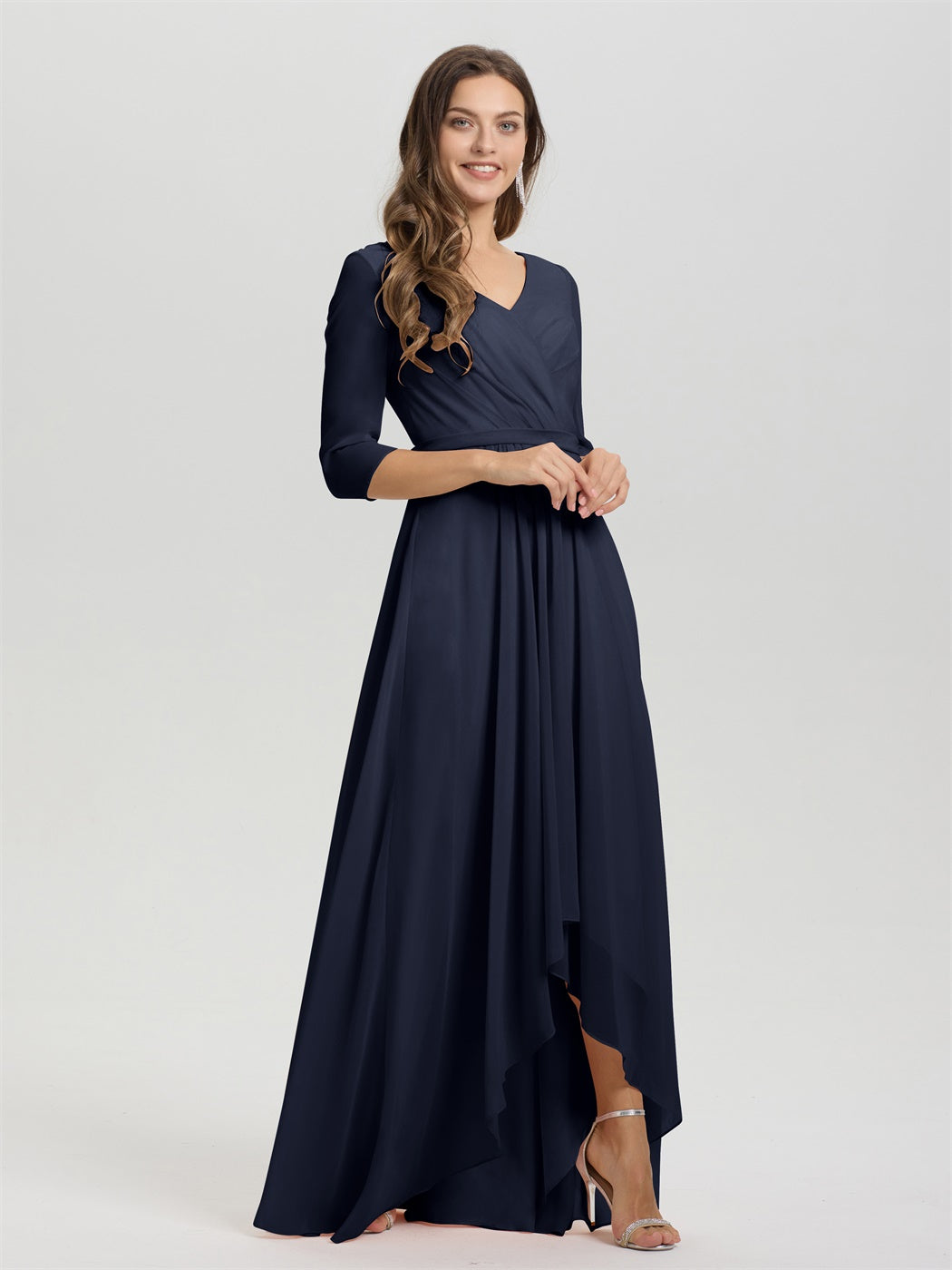 Fließende 3/4 Ärmel V-Ausschnitt Asymmetrisch Hoch Niedrig Chiffon Brautjungfernkleid