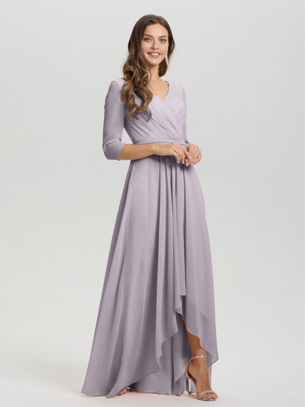 Fließende 3/4 Ärmel V-Ausschnitt Asymmetrisch Hoch Niedrig Chiffon Brautjungfernkleid