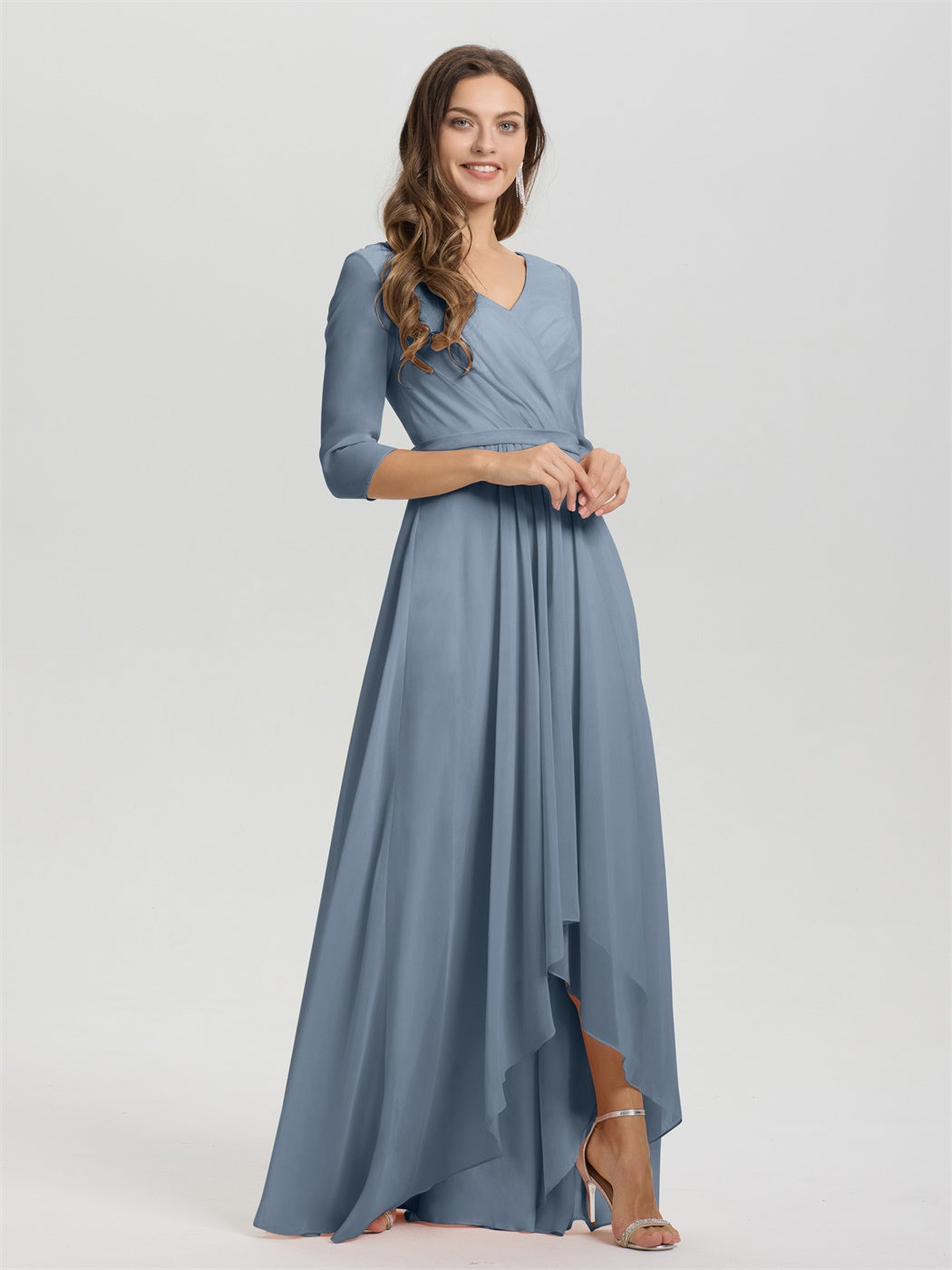 Fließende 3/4 Ärmel V-Ausschnitt Asymmetrisch Hoch Niedrig Chiffon Brautjungfernkleid