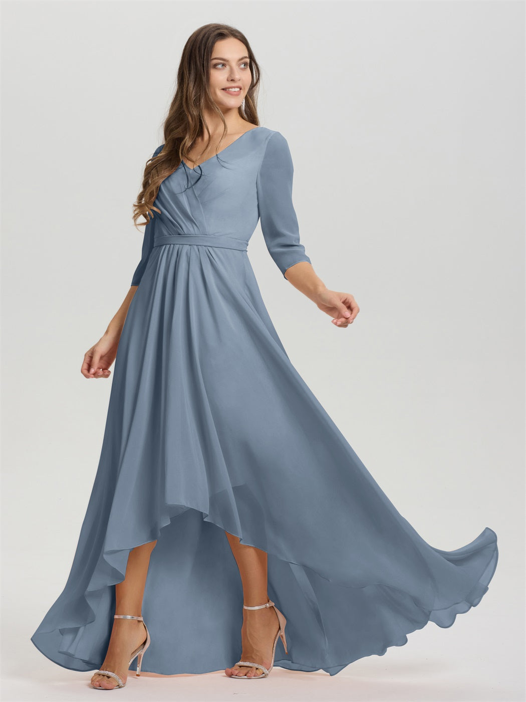 Fließende 3/4 Ärmel V-Ausschnitt Asymmetrisch Hoch Niedrig Chiffon Brautjungfernkleid