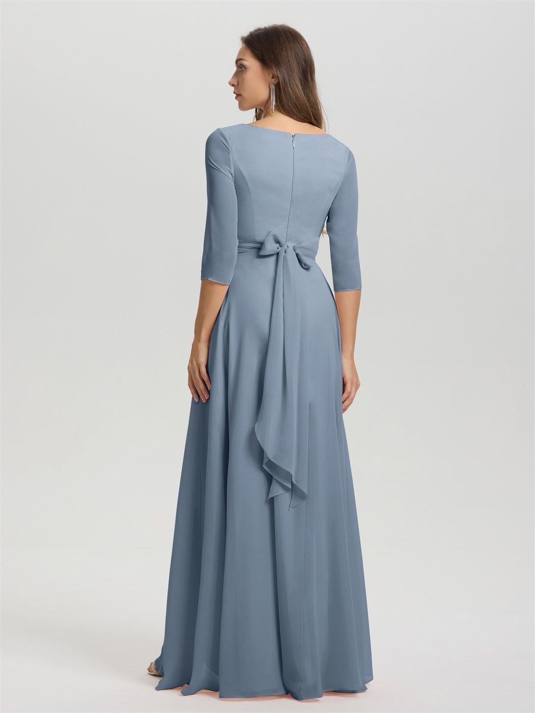 Fließende 3/4 Ärmel V-Ausschnitt Asymmetrisch Hoch Niedrig Chiffon Brautjungfernkleid