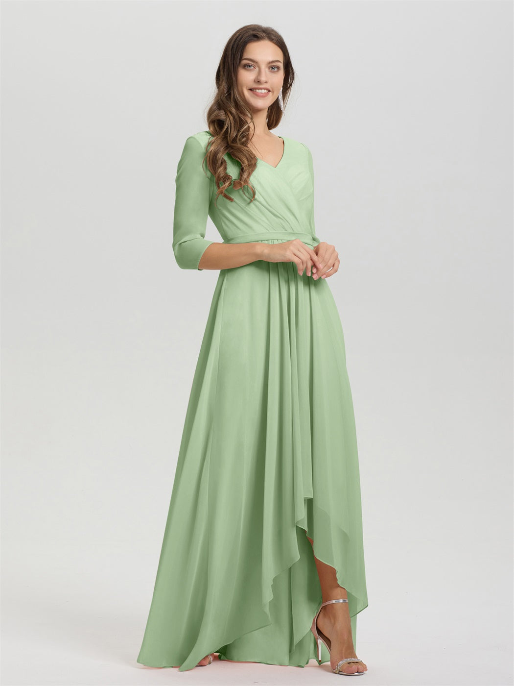 Fließende 3/4 Ärmel V-Ausschnitt Asymmetrisch Hoch Niedrig Chiffon Brautjungfernkleid