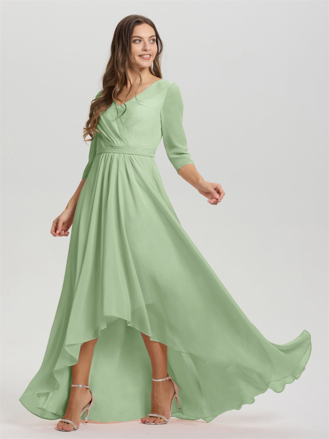 Fließende 3/4 Ärmel V-Ausschnitt Asymmetrisch Hoch Niedrig Chiffon Brautjungfernkleid