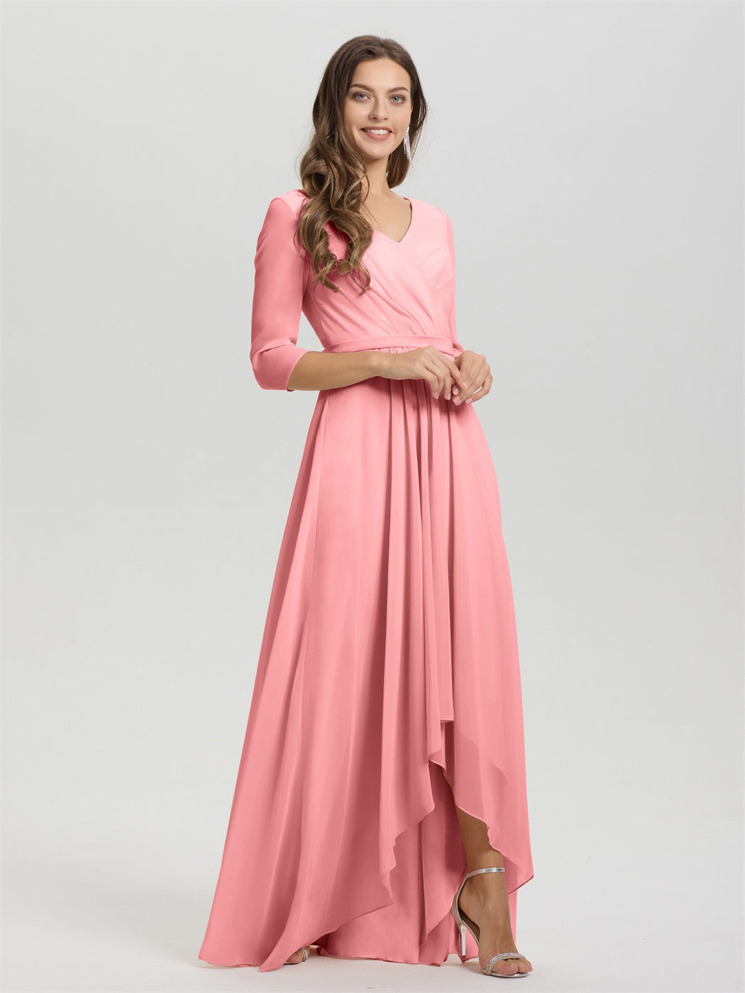 Fließende 3/4 Ärmel V-Ausschnitt Asymmetrisch Hoch Niedrig Chiffon Brautjungfernkleid