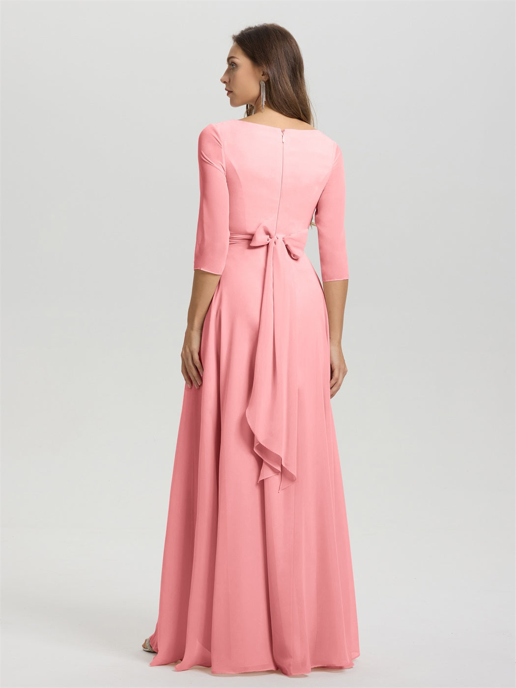 Fließende 3/4 Ärmel V-Ausschnitt Asymmetrisch Hoch Niedrig Chiffon Brautjungfernkleid