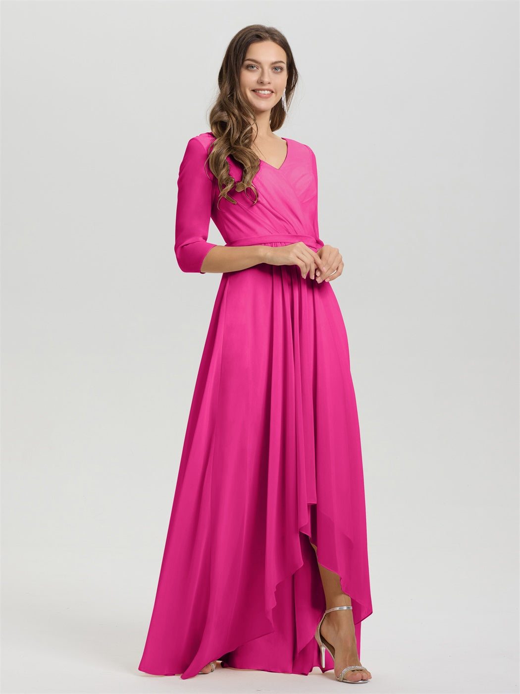 Fließende 3/4 Ärmel V-Ausschnitt Asymmetrisch Hoch Niedrig Chiffon Brautjungfernkleid