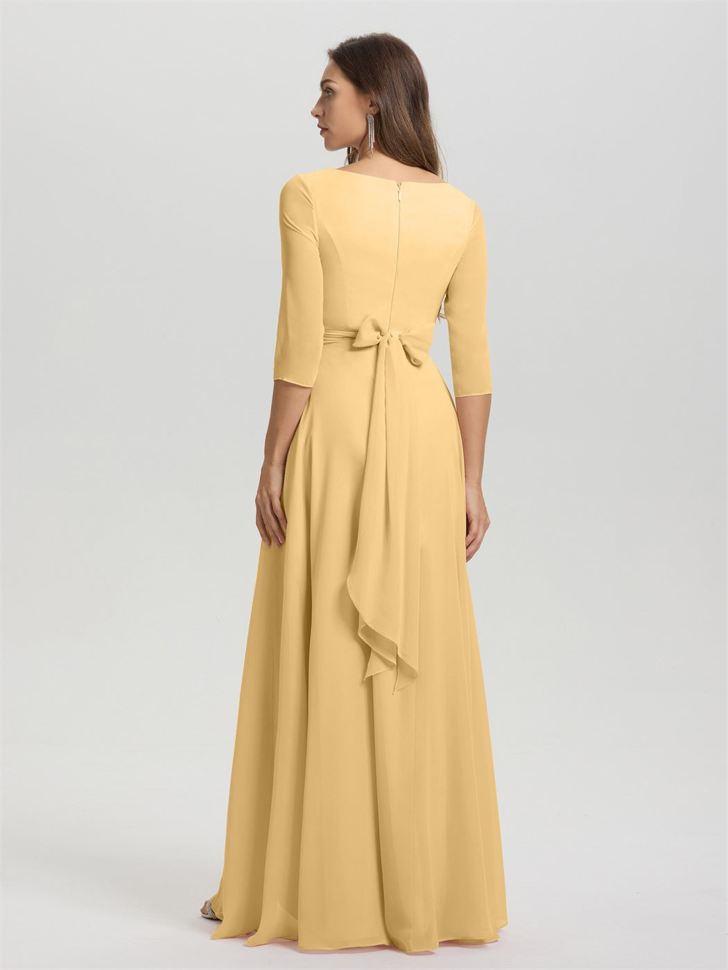 Fließende 3/4 Ärmel V-Ausschnitt Asymmetrisch Hoch Niedrig Chiffon Brautjungfernkleid