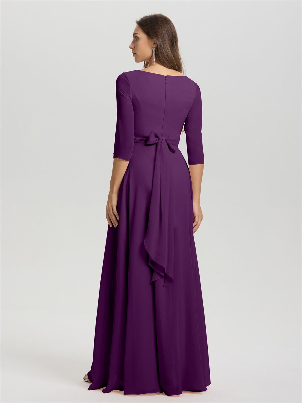 Fließende 3/4 Ärmel V-Ausschnitt Asymmetrisch Hoch Niedrig Chiffon Brautjungfernkleid
