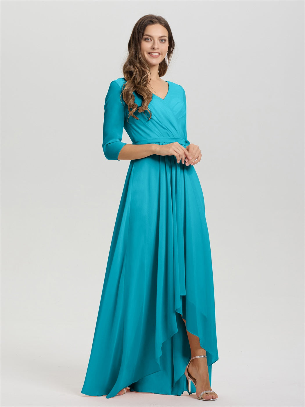 Fließende 3/4 Ärmel V-Ausschnitt Asymmetrisch Hoch Niedrig Chiffon Brautjungfernkleid