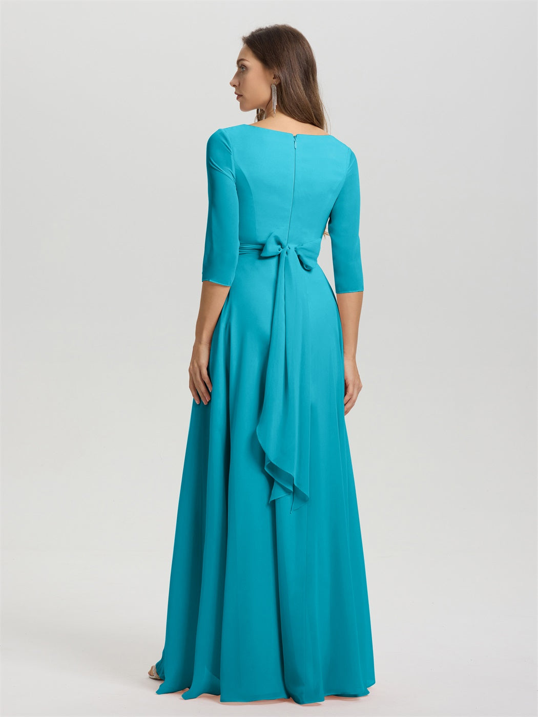 Fließende 3/4 Ärmel V-Ausschnitt Asymmetrisch Hoch Niedrig Chiffon Brautjungfernkleid