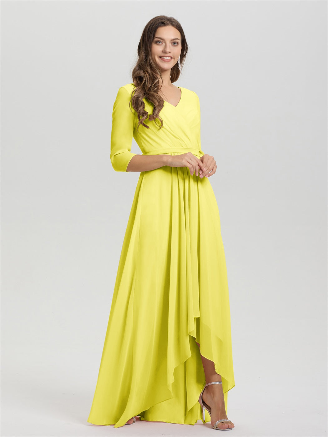 Fließende 3/4 Ärmel V-Ausschnitt Asymmetrisch Hoch Niedrig Chiffon Brautjungfernkleid
