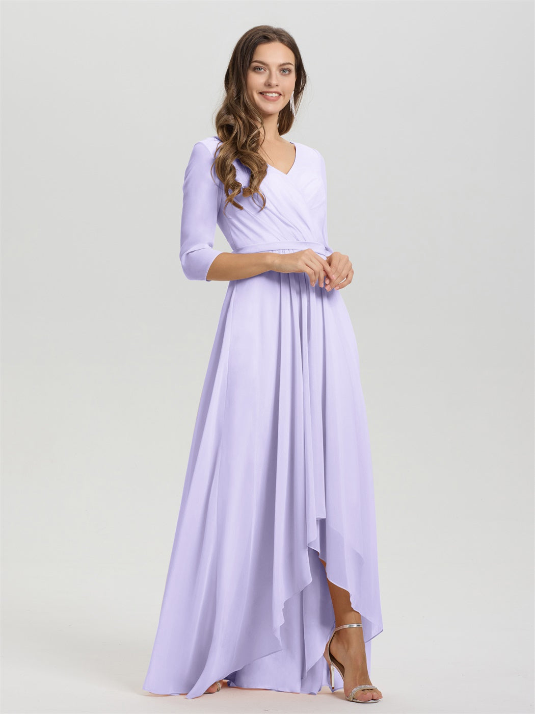 Fließende 3/4 Ärmel V-Ausschnitt Asymmetrisch Hoch Niedrig Chiffon Brautjungfernkleid