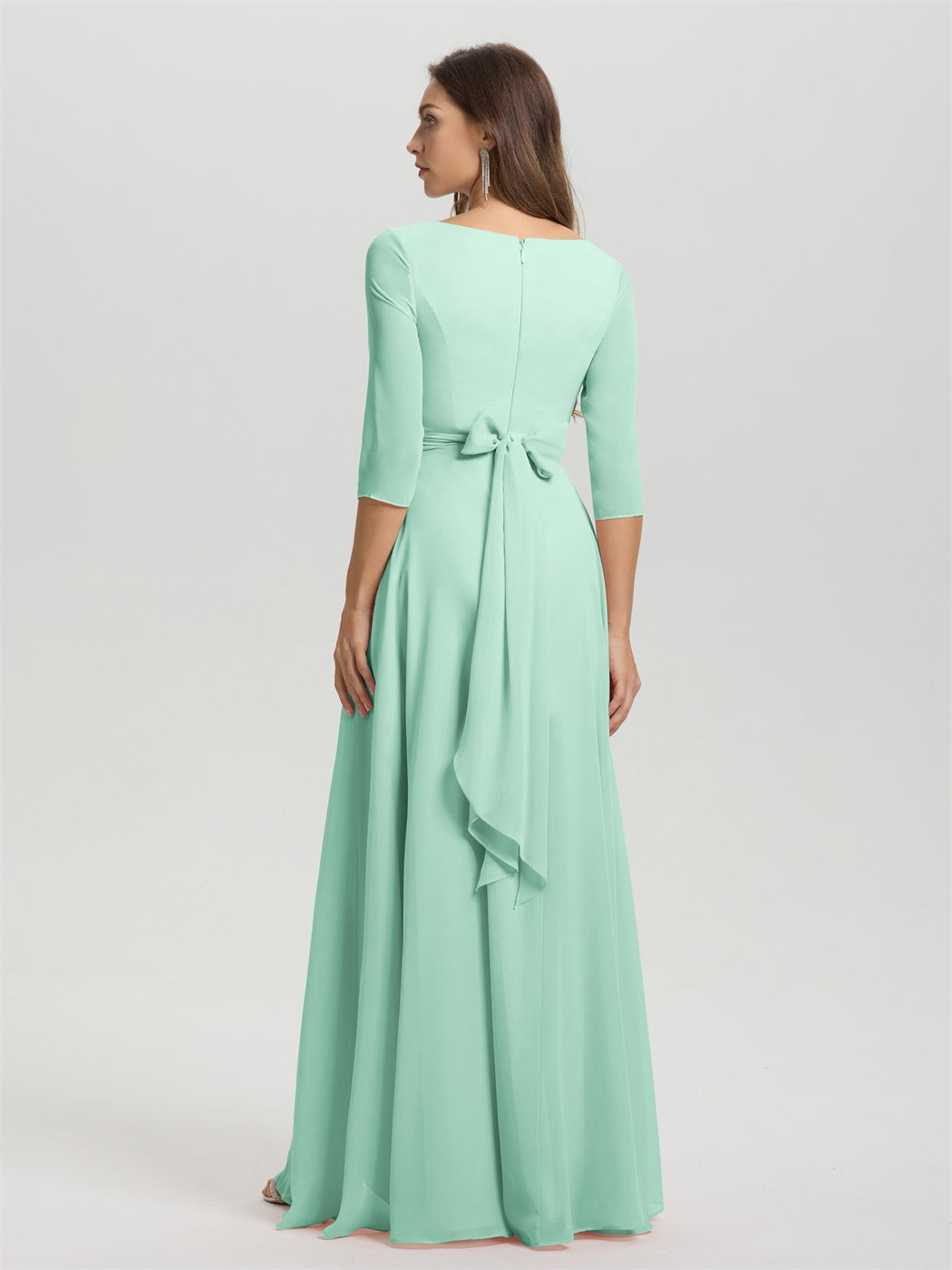 Fließende 3/4 Ärmel V-Ausschnitt Asymmetrisch Hoch Niedrig Chiffon Brautjungfernkleid