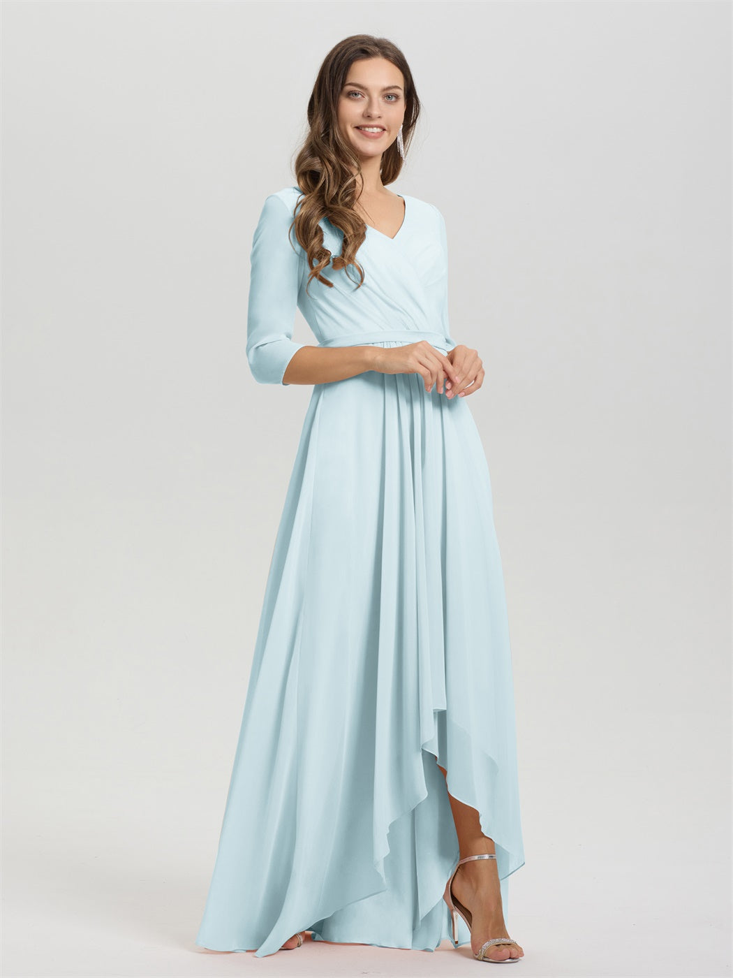 Fließende 3/4 Ärmel V-Ausschnitt Asymmetrisch Hoch Niedrig Chiffon Brautjungfernkleid
