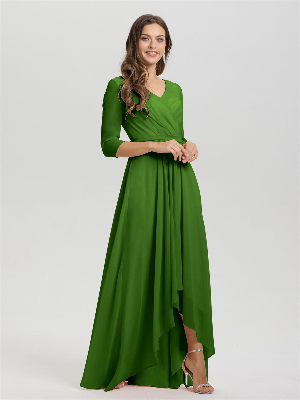 Fließende 3/4 Ärmel V-Ausschnitt Asymmetrisch Hoch Niedrig Chiffon Brautjungfernkleid