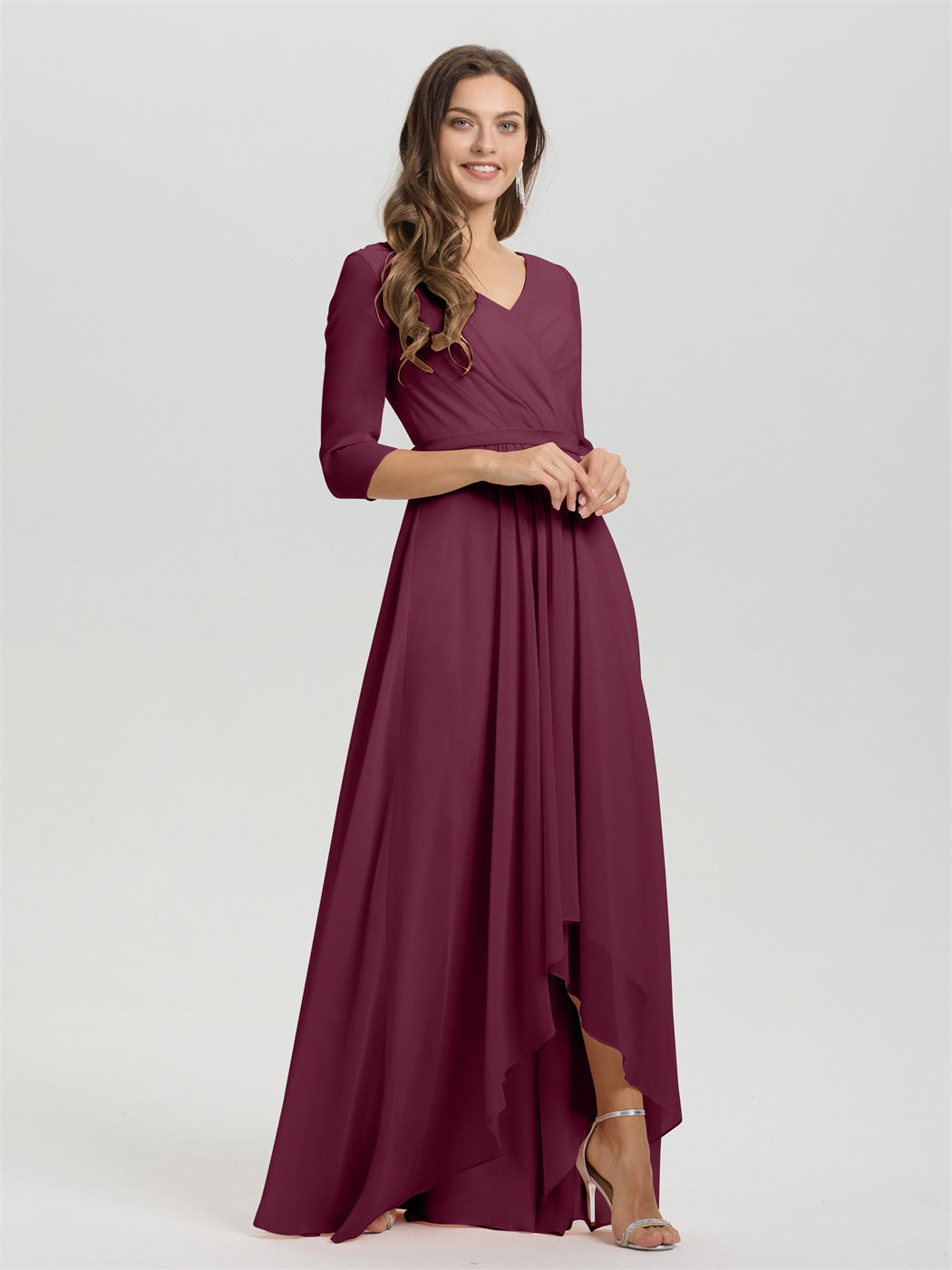 Fließende 3/4 Ärmel V-Ausschnitt Asymmetrisch Hoch Niedrig Chiffon Brautjungfernkleid