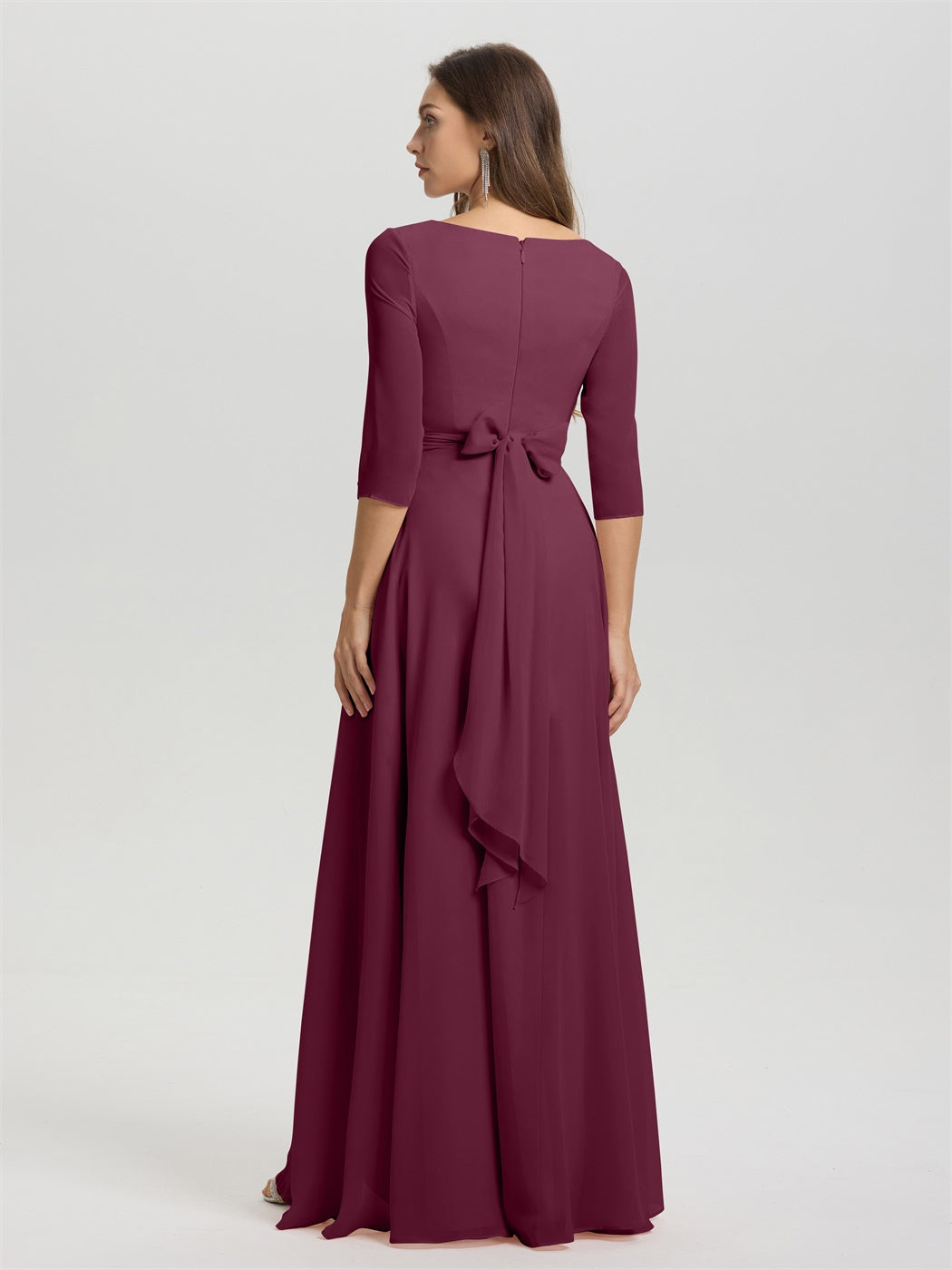 Fließende 3/4 Ärmel V-Ausschnitt Asymmetrisch Hoch Niedrig Chiffon Brautjungfernkleid