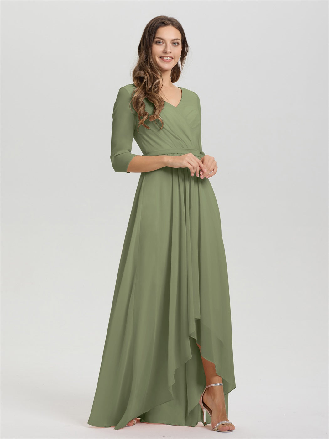 Fließende 3/4 Ärmel V-Ausschnitt Asymmetrisch Hoch Niedrig Chiffon Brautjungfernkleid