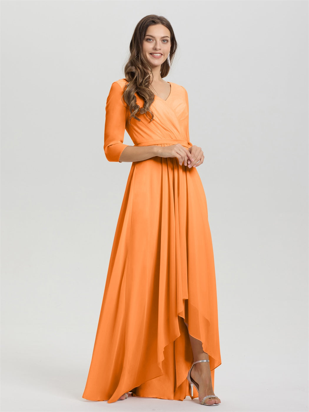 Fließende 3/4 Ärmel V-Ausschnitt Asymmetrisch Hoch Niedrig Chiffon Brautjungfernkleid