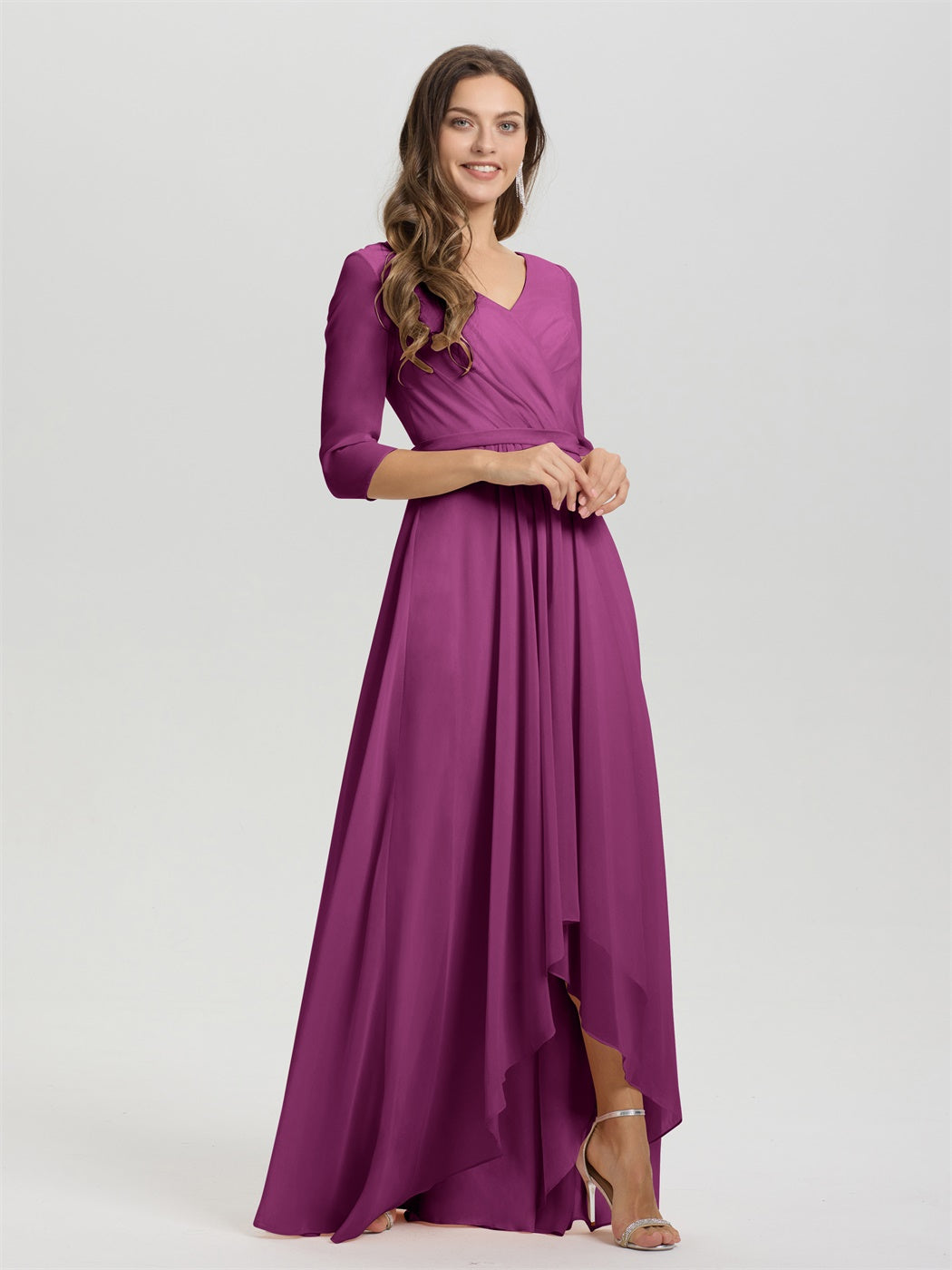Fließende 3/4 Ärmel V-Ausschnitt Asymmetrisch Hoch Niedrig Chiffon Brautjungfernkleid