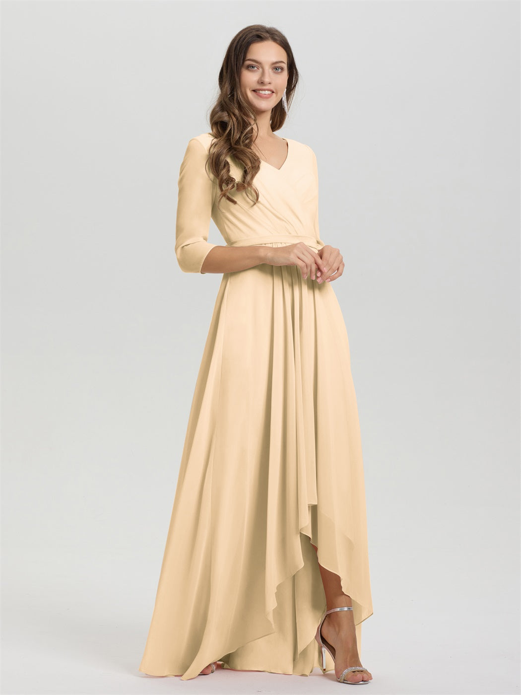 Fließende 3/4 Ärmel V-Ausschnitt Asymmetrisch Hoch Niedrig Chiffon Brautjungfernkleid