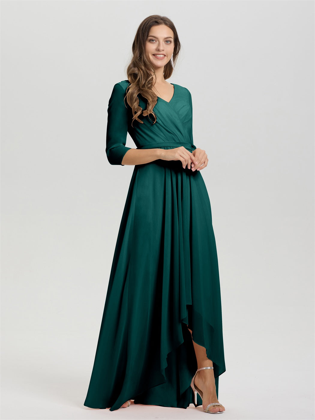 Fließende 3/4 Ärmel V-Ausschnitt Asymmetrisch Hoch Niedrig Chiffon Brautjungfernkleid
