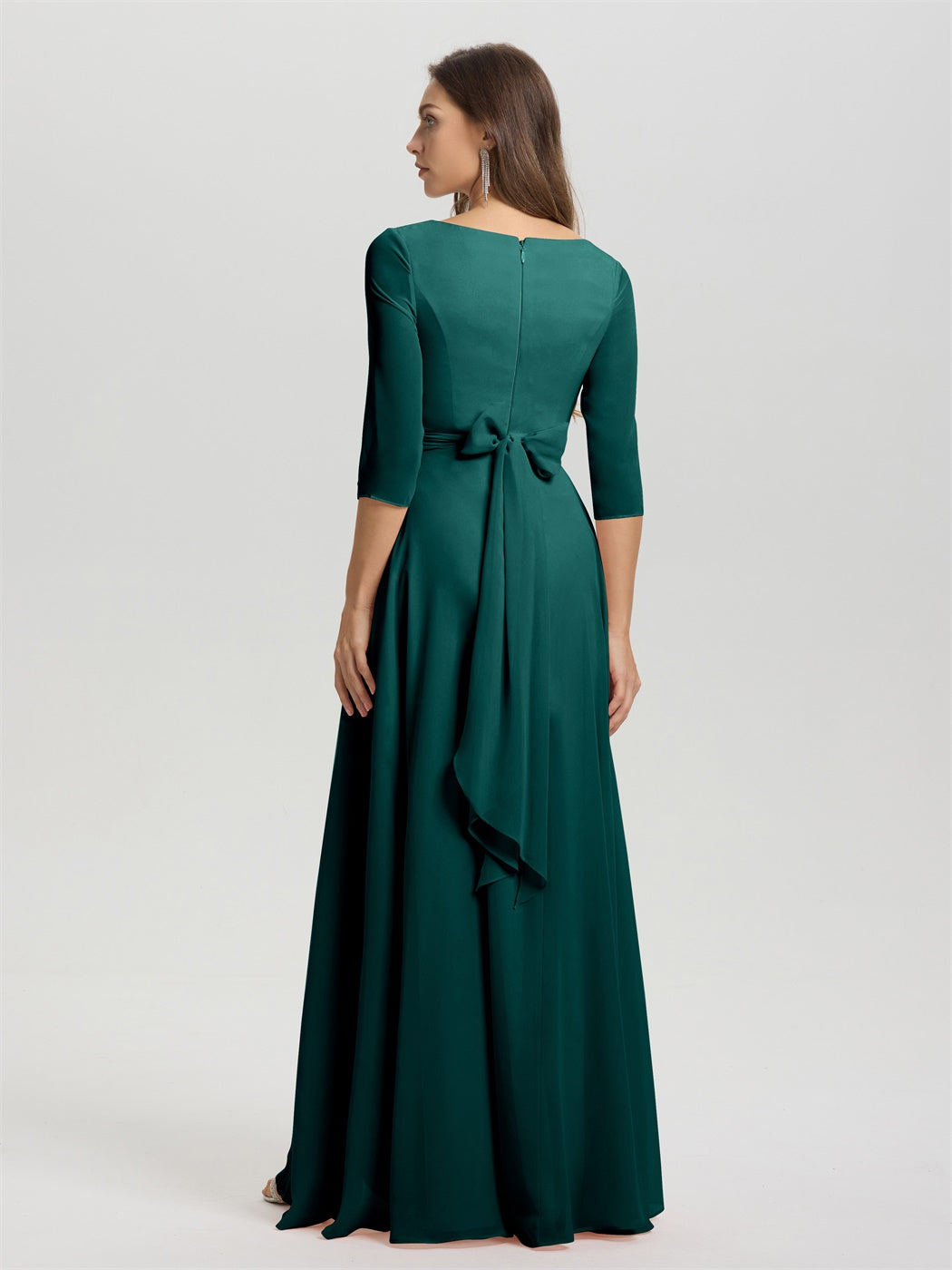 Fließende 3/4 Ärmel V-Ausschnitt Asymmetrisch Hoch Niedrig Chiffon Brautjungfernkleid