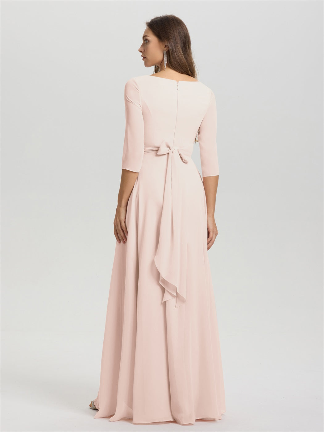 Fließende 3/4 Ärmel V-Ausschnitt Asymmetrisch Hoch Niedrig Chiffon Brautjungfernkleid