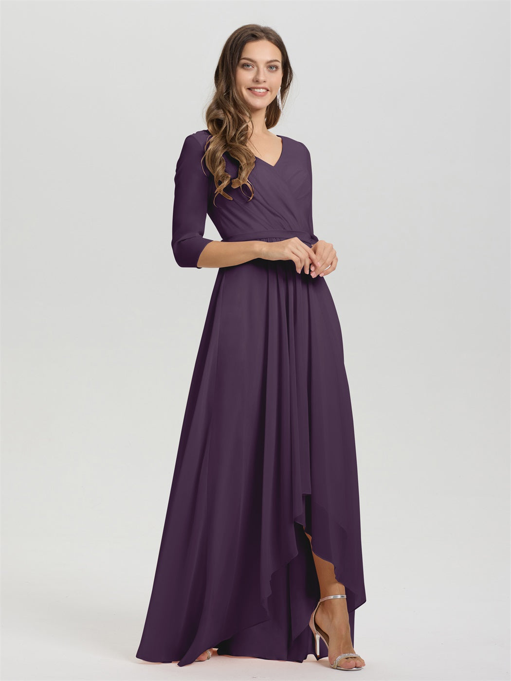 Fließende 3/4 Ärmel V-Ausschnitt Asymmetrisch Hoch Niedrig Chiffon Brautjungfernkleid