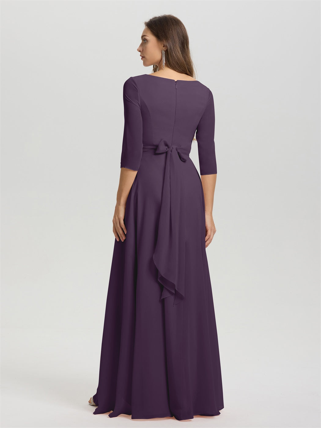 Fließende 3/4 Ärmel V-Ausschnitt Asymmetrisch Hoch Niedrig Chiffon Brautjungfernkleid