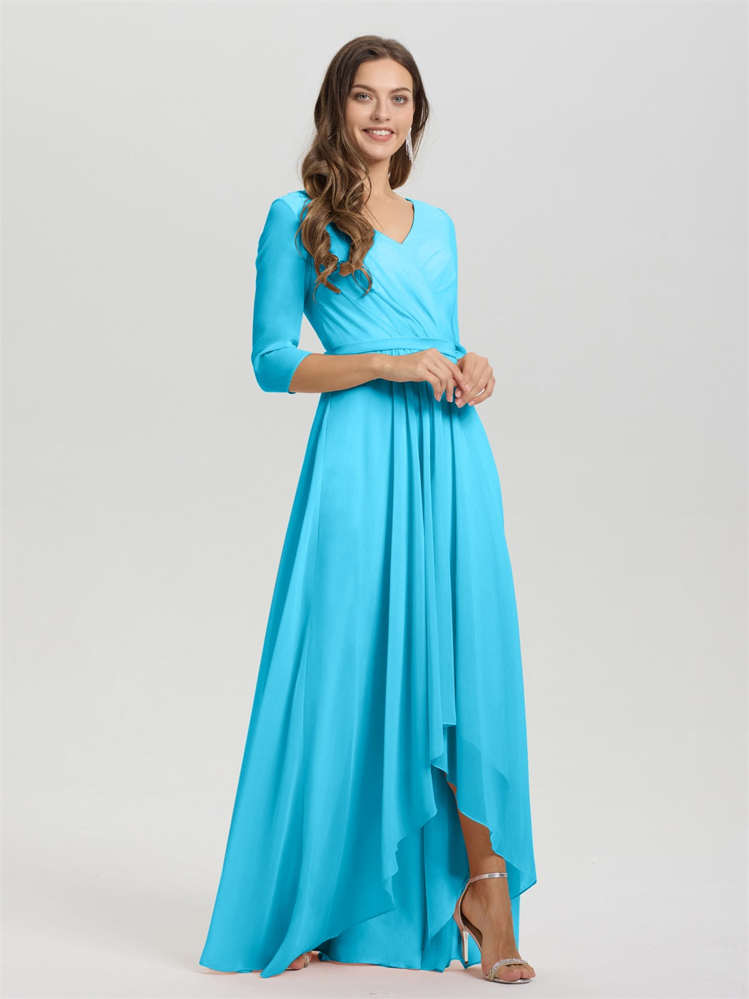 Fließende 3/4 Ärmel V-Ausschnitt Asymmetrisch Hoch Niedrig Chiffon Brautjungfernkleid