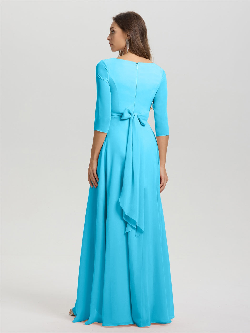 Fließende 3/4 Ärmel V-Ausschnitt Asymmetrisch Hoch Niedrig Chiffon Brautjungfernkleid
