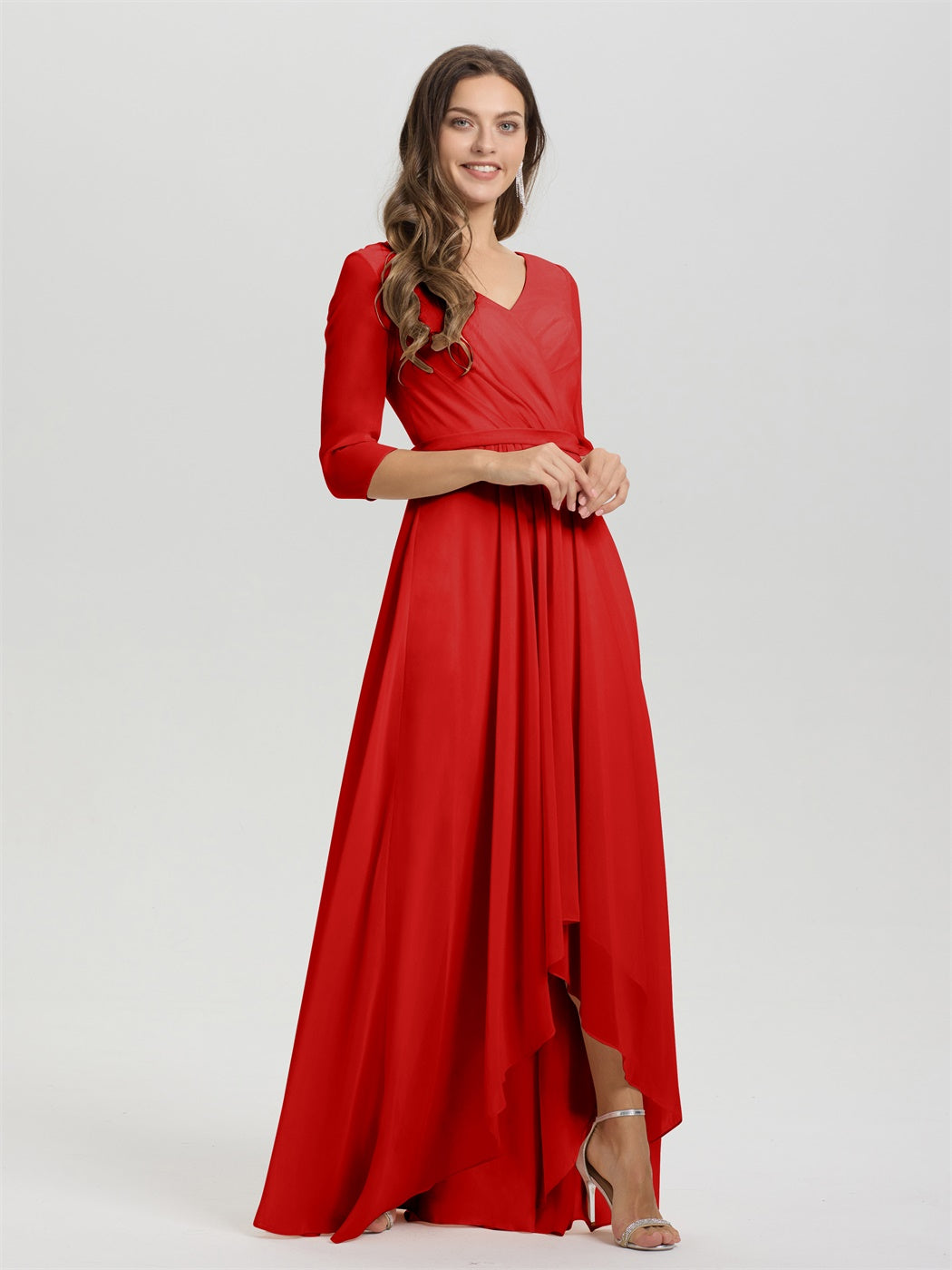 Fließende 3/4 Ärmel V-Ausschnitt Asymmetrisch Hoch Niedrig Chiffon Brautjungfernkleid