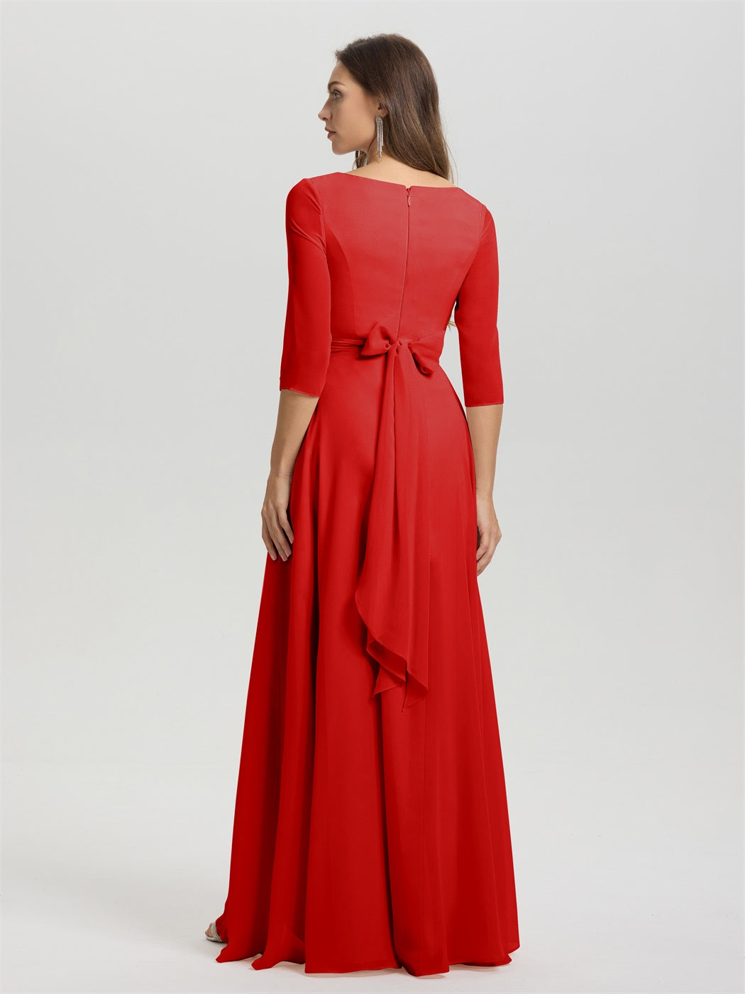Fließende 3/4 Ärmel V-Ausschnitt Asymmetrisch Hoch Niedrig Chiffon Brautjungfernkleid