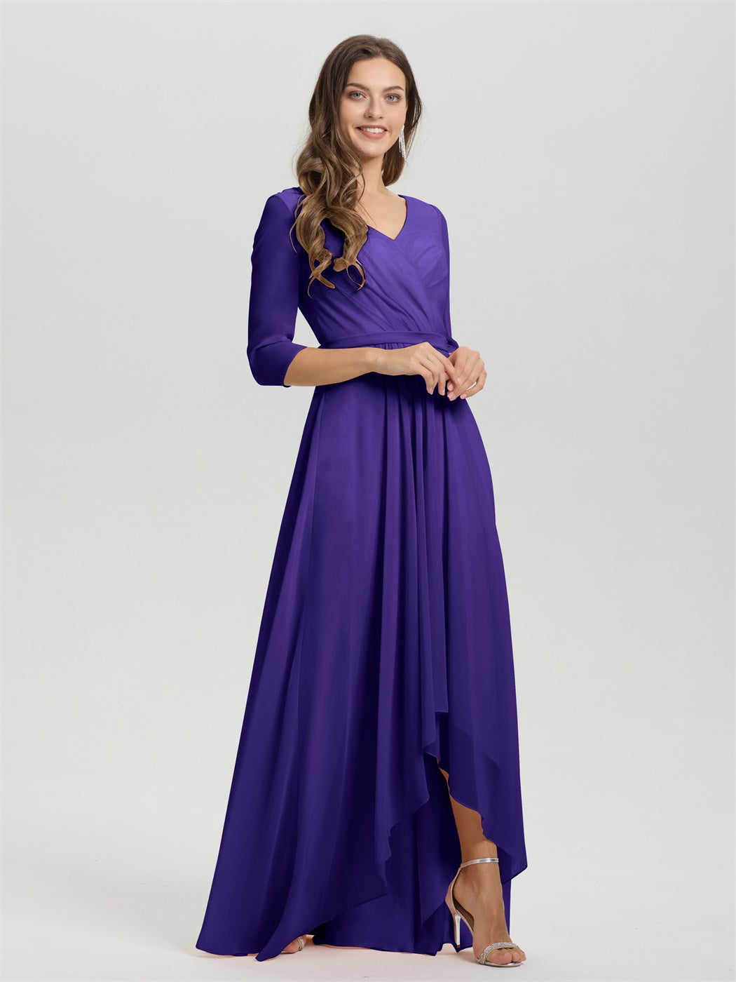Fließende 3/4 Ärmel V-Ausschnitt Asymmetrisch Hoch Niedrig Chiffon Brautjungfernkleid