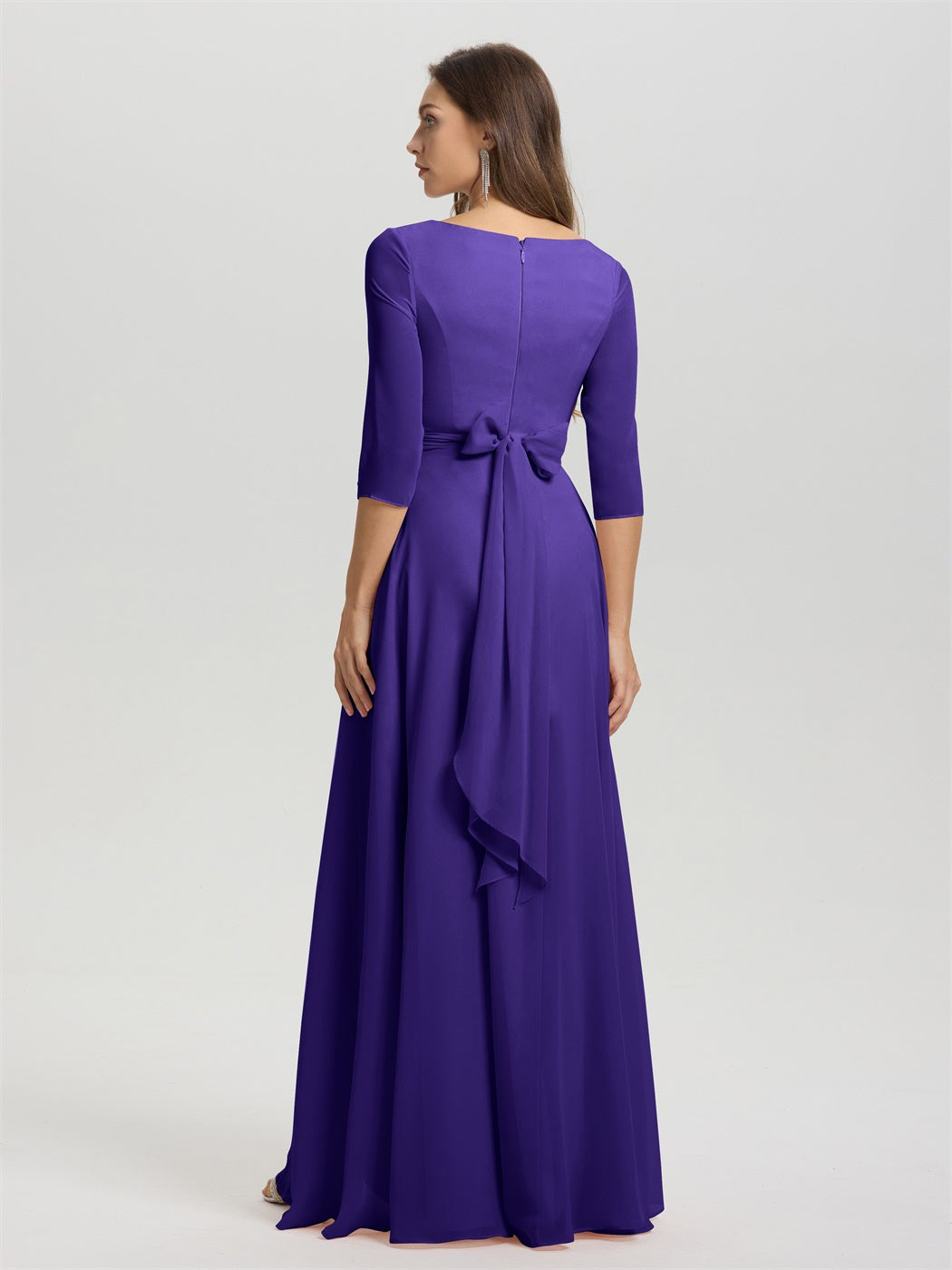 Fließende 3/4 Ärmel V-Ausschnitt Asymmetrisch Hoch Niedrig Chiffon Brautjungfernkleid