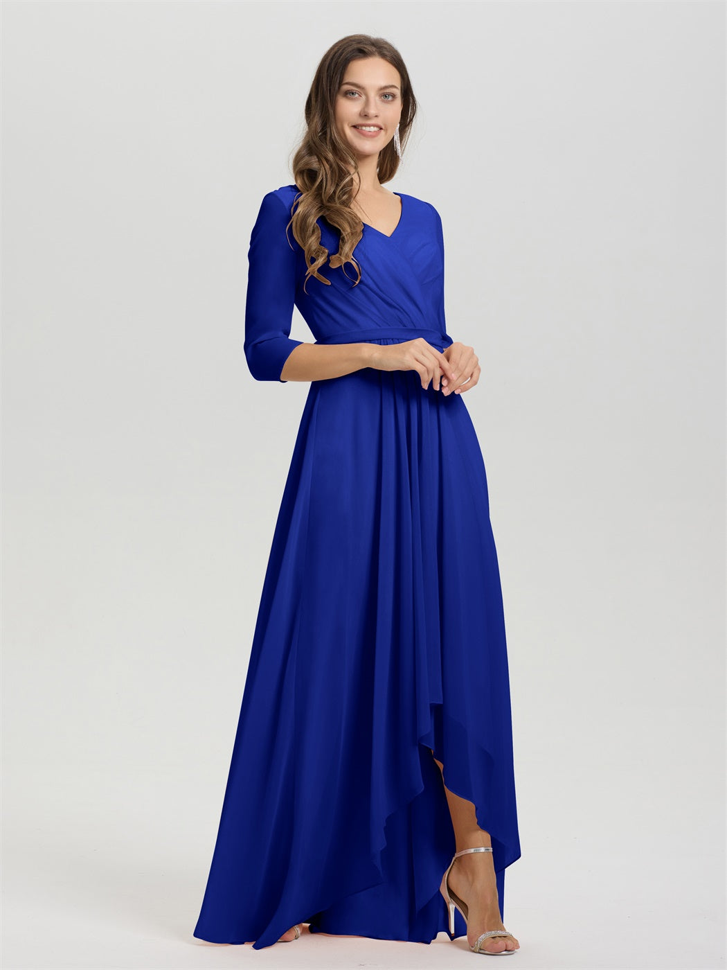 Fließende 3/4 Ärmel V-Ausschnitt Asymmetrisch Hoch Niedrig Chiffon Brautjungfernkleid