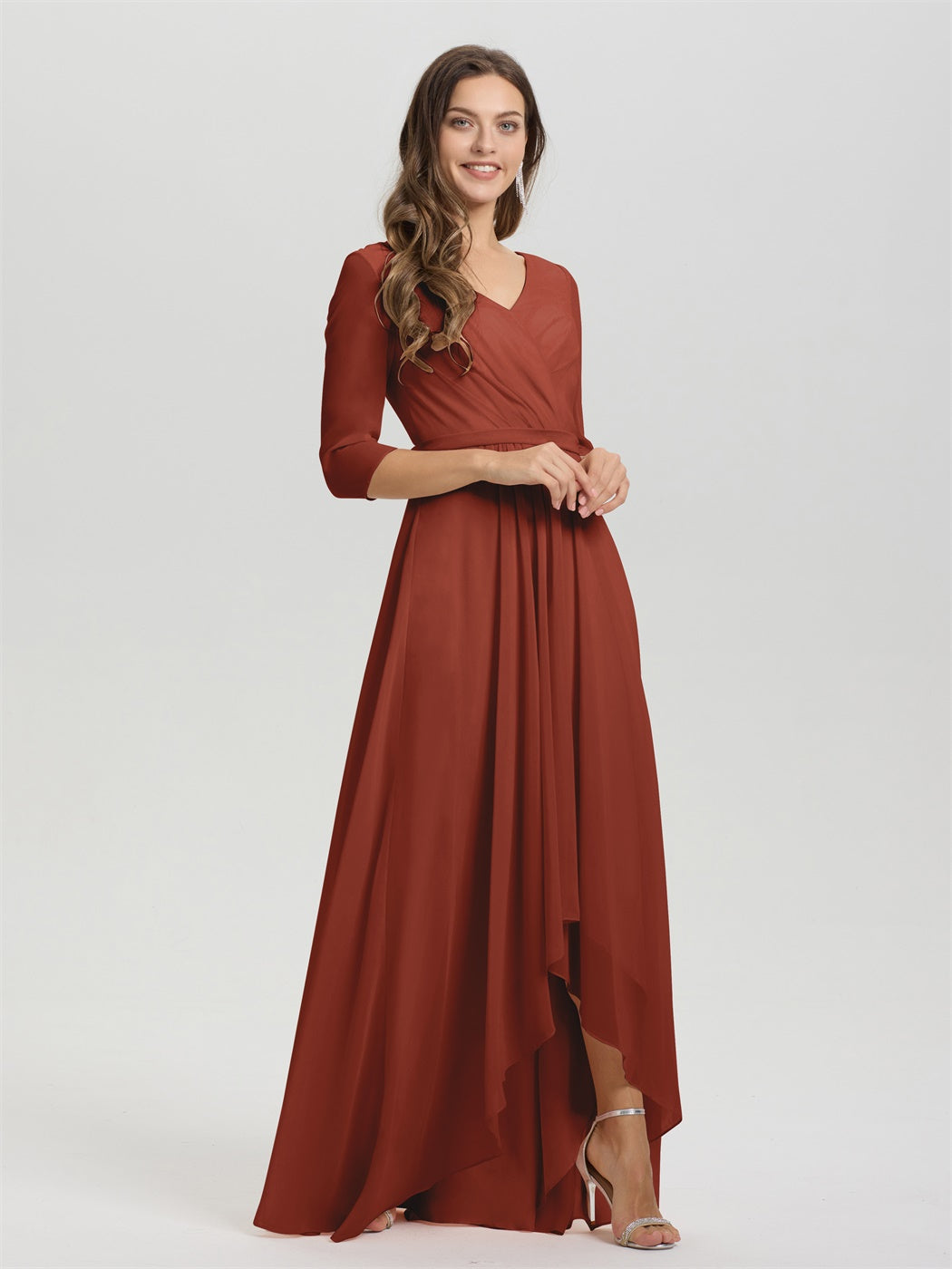 Fließende 3/4 Ärmel V-Ausschnitt Asymmetrisch Hoch Niedrig Chiffon Brautjungfernkleid
