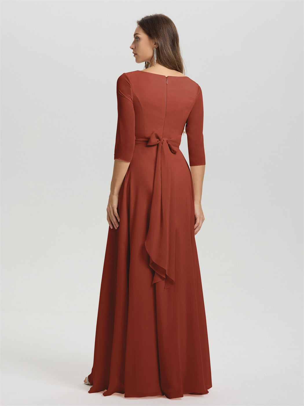 Fließende 3/4 Ärmel V-Ausschnitt Asymmetrisch Hoch Niedrig Chiffon Brautjungfernkleid