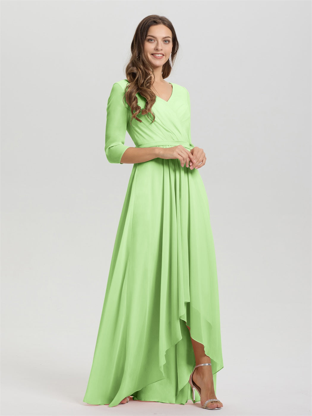 Fließende 3/4 Ärmel V-Ausschnitt Asymmetrisch Hoch Niedrig Chiffon Brautjungfernkleid